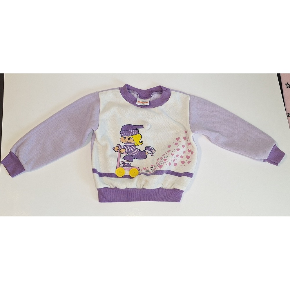 Vintage Kidzstuff Girls 3T Sweatshirt Purple White Scooter Hearts Made in USA